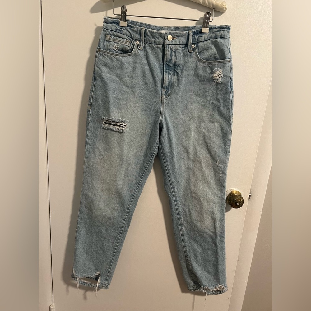 Good American Good Boy Distressed Straight Leg Denim Jeans Size 8